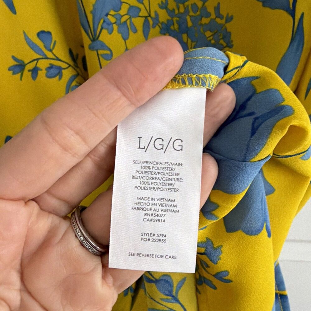 Cabi 5794 Lemon Drop Dress Size Large Yellow Blue Floral 3/4 Sleeves No Tie - Picture 5 of 7